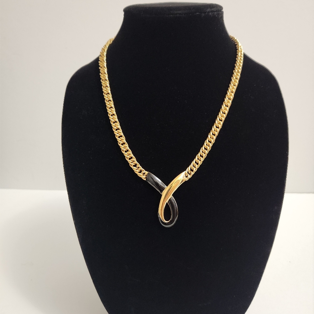 Monet Vintage Gold-tone Necklace With Black Enamel And Gold-tone Ribbon Pendant